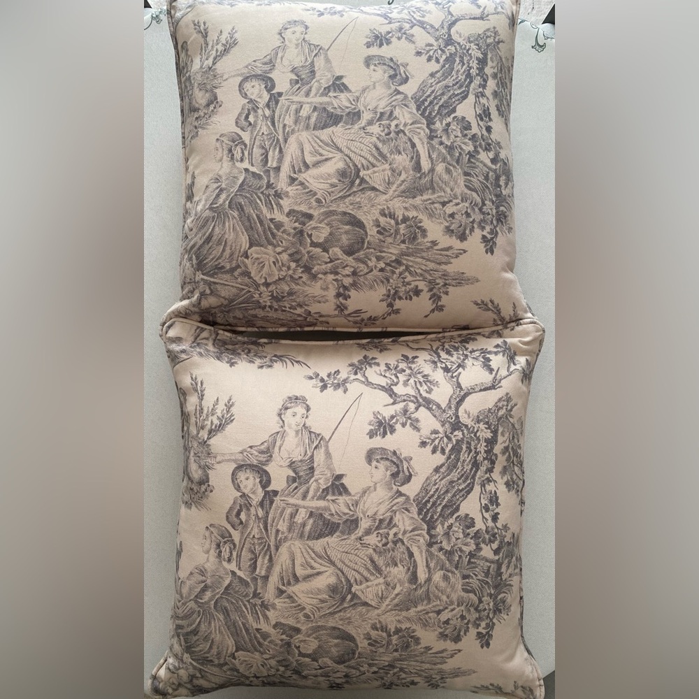 (2) NWOTs Toile Pillow Covers in Cream/Gray/Navy, with Hypoallergenic Inserts.